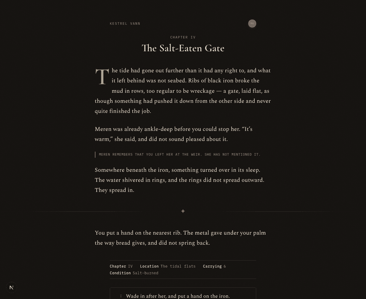 A chapter of a saved story, with a margin note recording what the world remembered